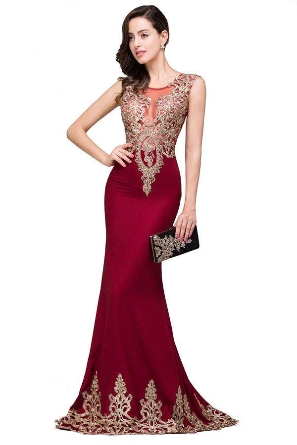 Burgundy Crew Sweep-length Mermaid Formal Dresses