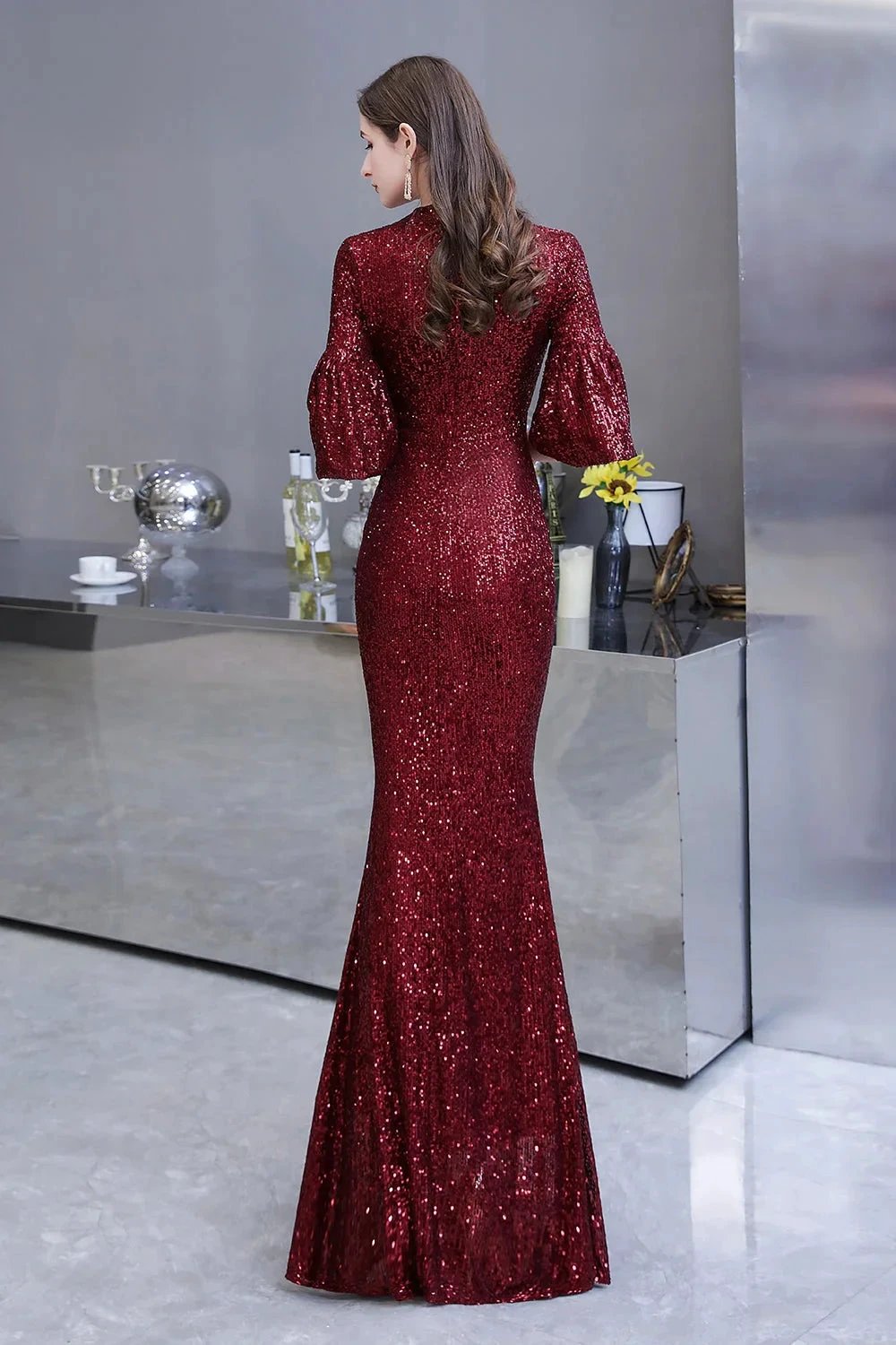 Burgundy Short Sleeve Sequins Long Prom Dress