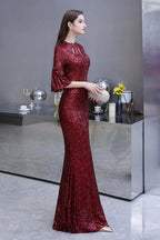 Burgundy Short Sleeve Sequins Long Prom Dress
