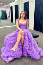 Ingrid |A Line Sweetheart Tiered Tulle Long Prom Dress With Slit