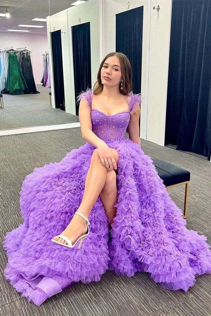 Ingrid |A Line Sweetheart Tiered Tulle Long Prom Dress With Slit
