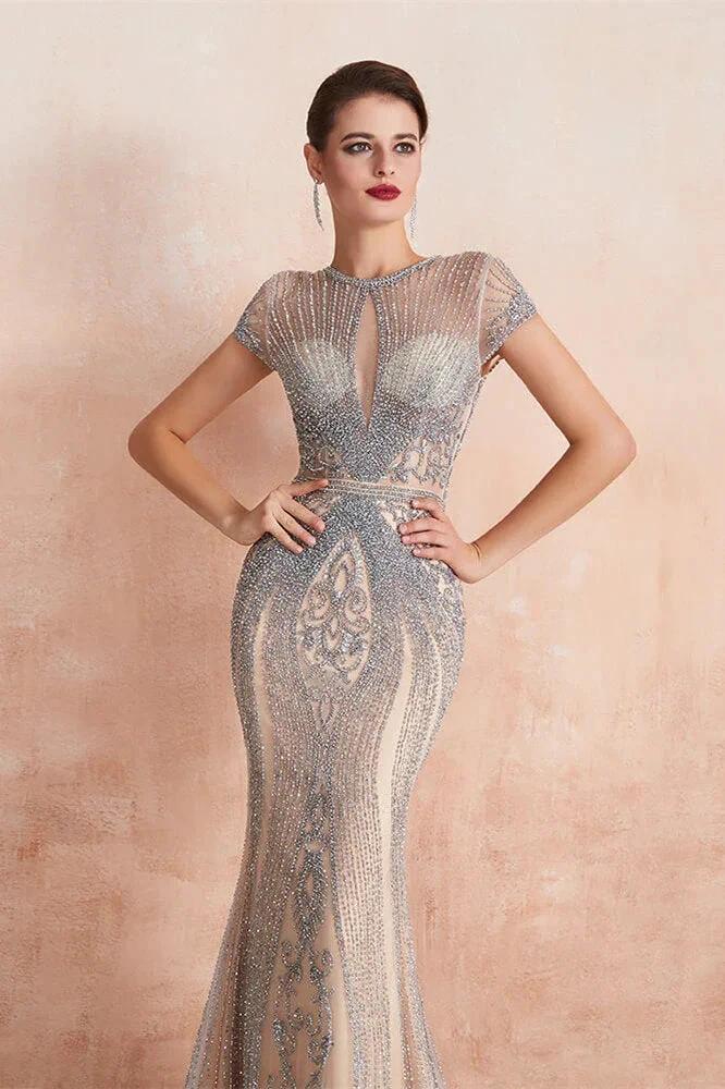 Glamorous Mermaid Beadings Long Prom Dress With Short Sleeves