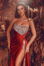 Burgundy Long A-line Strapless Satin Beads Prom Dress with Slit