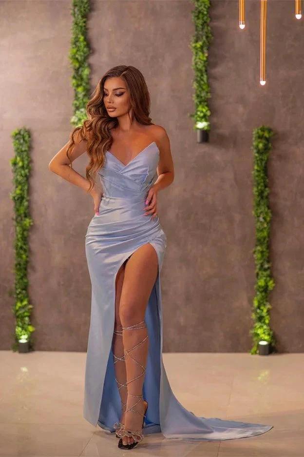 Elegant Strapless Sleeveless Long Prom Dress with Split Front