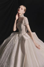 Regal High-Neck Ball Gown Beaded Mesh Capelet Satin Panel Wedding Dress with Embroidered Train Q6005