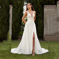 Wedding Dresses Vintage A Line Boho Lace V Neck Split Sleeveless Bridal Gown Vestidos De Novia Backless Appliques Women