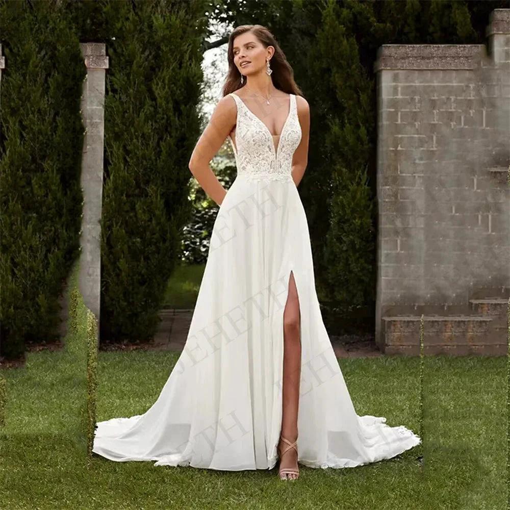 Wedding Dresses Vintage A Line Boho Lace V Neck Split Sleeveless Bridal Gown Vestidos De Novia Backless Appliques Women