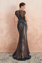 Glamorous Mermaid Beadings Long Prom Dress With Short Sleeves