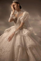 Regal High Neck Puff Sleeve Tulle Wedding Dress with Sequin Embroidery & Layered Ruffle Train Q6020
