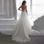 Tulle V-Line Wedding Dresses Deep V-Neck Spaghetti Strap Lace Appliques Backless Pleat Customised Vestidos De Novia