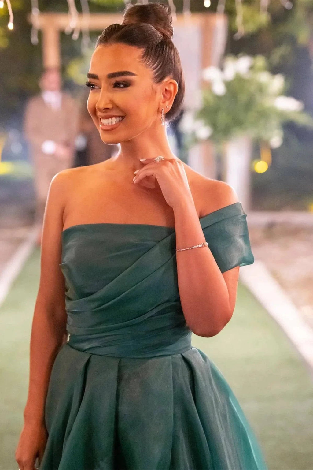Long A line Strapless One Shoulder Bowknot Prom Dress With Front Split
