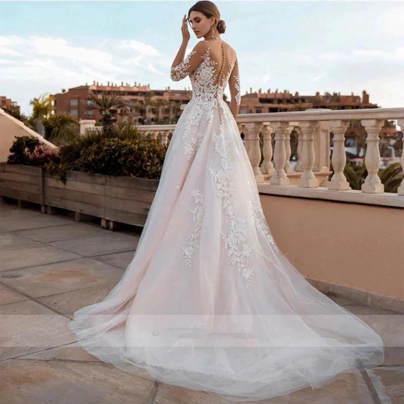 Sheer Sleeves Illusion Lace Wedding Dresses Applique Beach Bridal Gown Sexy Robe De Mariee Bride Dress For Women Bohemian 2022