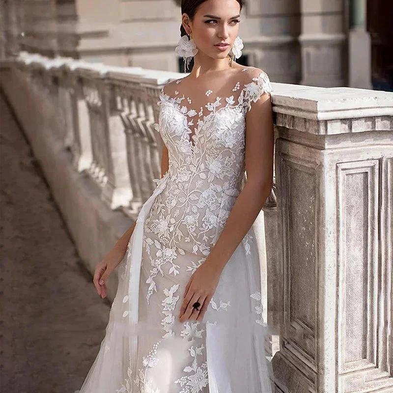 Mermaid Wedding Dresses Women Cap Sleeves Backless Lace Appliques Bridal Gown Detachable Train Vestidos De Novia