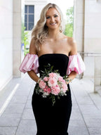Calix | Black Mermaid Velvet Long Prom Dress with Detachable Sleeves