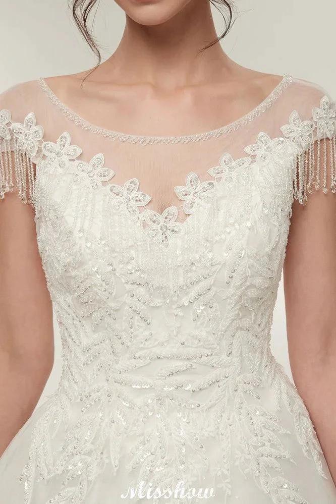 Cap Sleeves A-line Scoop Floor Length Lace Appliques Wedding Dresses