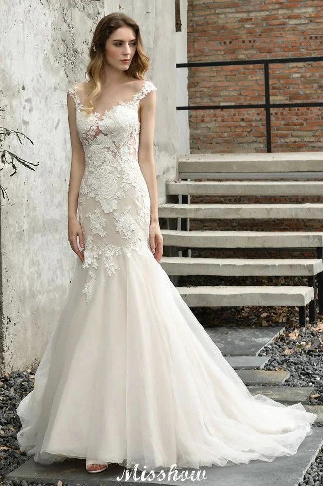 Cap Sleeves Lace Mermaid Wedding Dress White/Ivory Floral Garden Bridal Gown