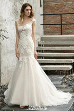 Cap Sleeves Lace Mermaid Wedding Dress White/Ivory Floral Garden Bridal Gown