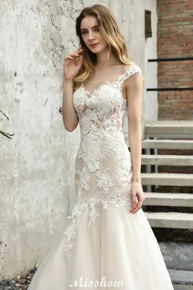 Cap Sleeves Lace Mermaid Wedding Dress White/Ivory Floral Garden Bridal Gown