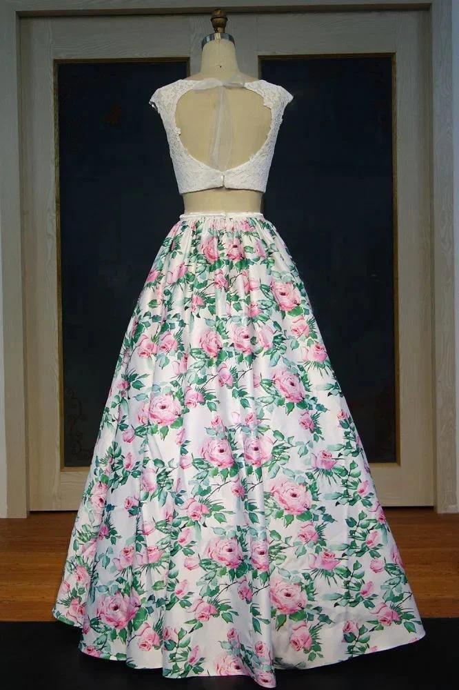 Cap Sleeves Lace Top A-line Two-piece Printed Flowers Prom Dresses