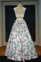 Cap Sleeves Lace Top A-line Two-piece Printed Flowers Prom Dresses
