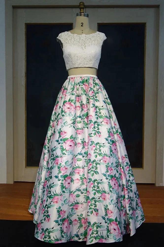 Cap Sleeves Lace Top A-line Two-piece Printed Flowers Prom Dresses