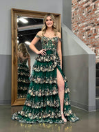 Capri | Green Crystal Sequins Princess A Line Off the Shoulder Prom Dress with Lace Ruffles