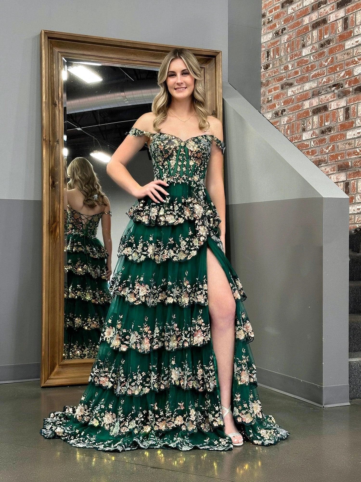 Capri | Green Crystal Sequins Princess A Line Off the Shoulder Prom Dress with Lace Ruffles