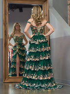 Capri | Green Crystal Sequins Princess A Line Off the Shoulder Prom Dress with Lace Ruffles
