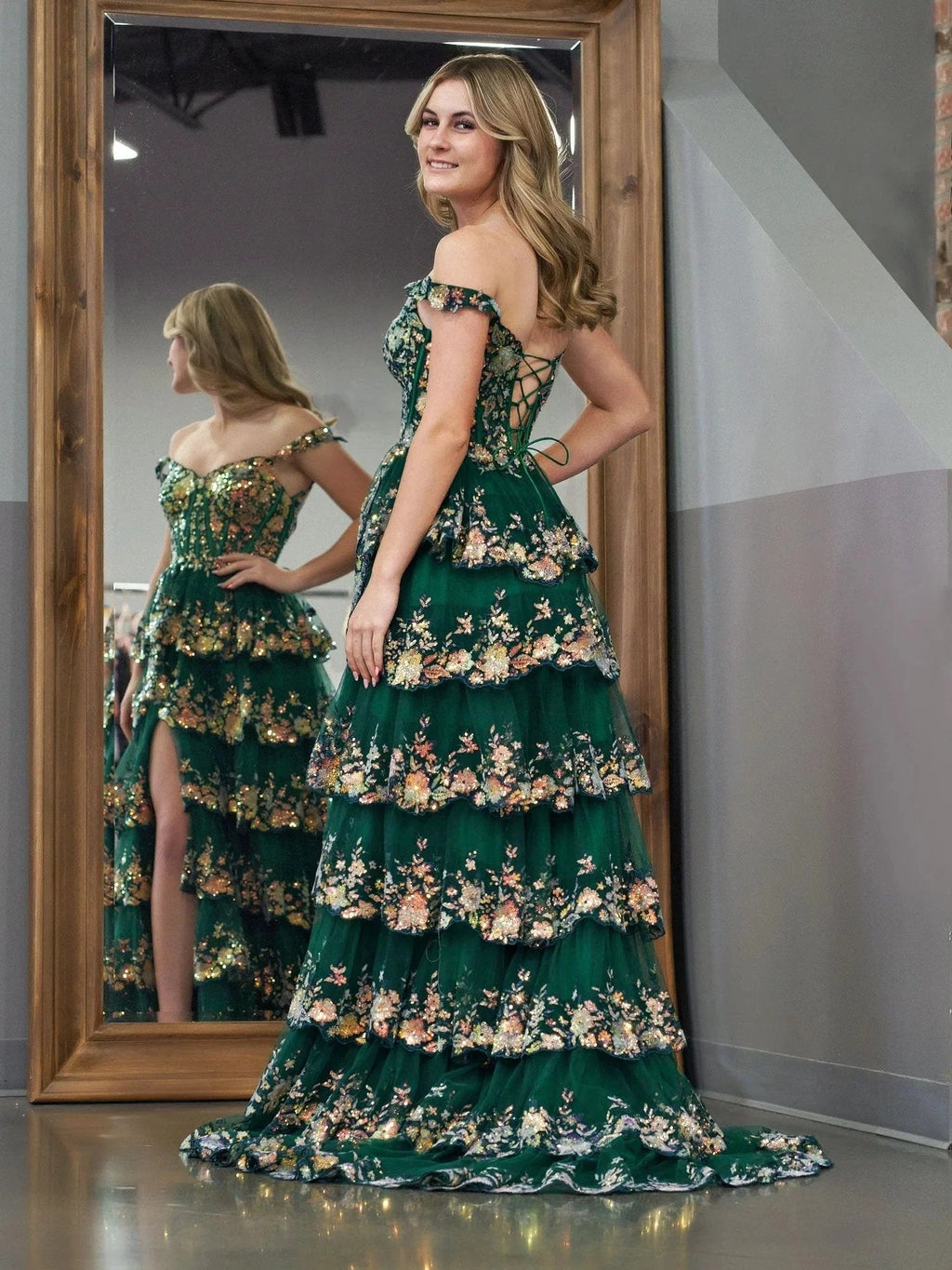 Capri | Green Crystal Sequins Princess A Line Off the Shoulder Prom Dress with Lace Ruffles