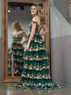 Capri | Green Crystal Sequins Princess A Line Off the Shoulder Prom Dress with Lace Ruffles
