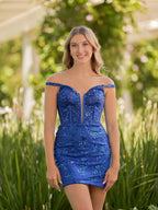 Sheath Sequins Off the Shoulder Short Lace Homecoming Dress