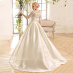 Elegant Lace Wedding Dresses For Women Half Sleevess Bride With Belt Bow Vestidos  De Novia Boda Suknia Ślubna Robe Mariée