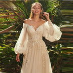Light Champagne Wedding Dresses Pastrol Puff Long Sleeves 3D Flowers Bride Gowns A-Line Sexy Backless vestidos de novia