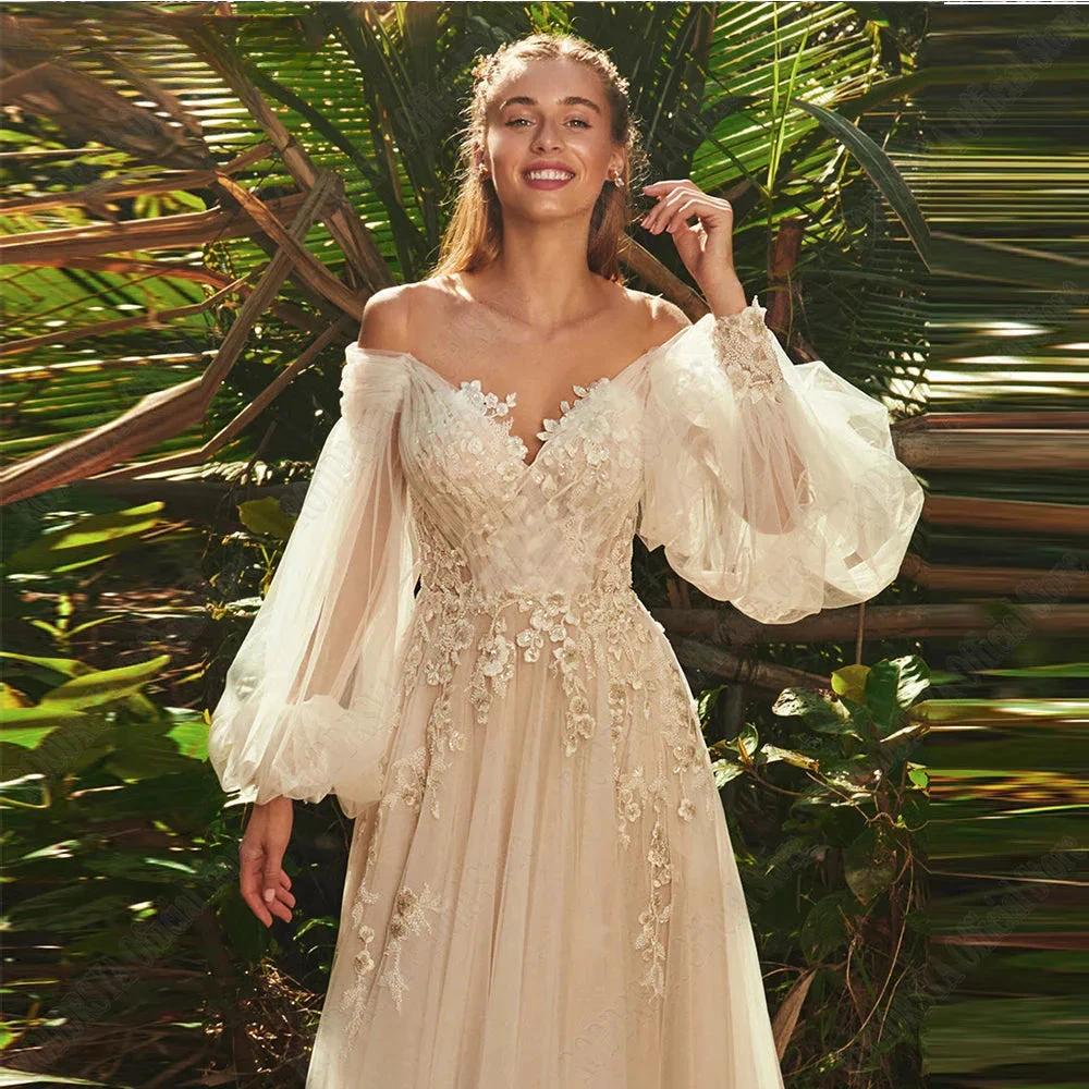 Light Champagne Wedding Dresses Pastrol Puff Long Sleeves 3D Flowers Bride Gowns A-Line Sexy Backless vestidos de novia