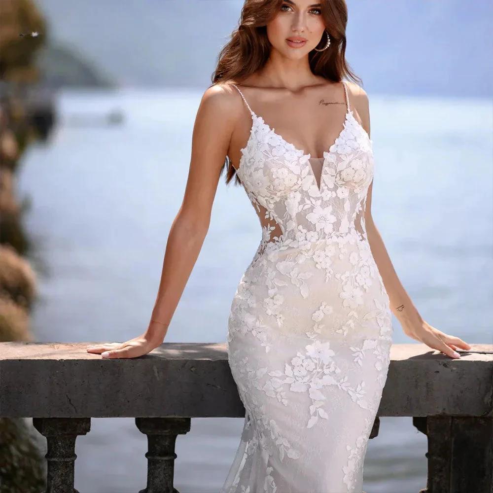 Elegant Mermaid Wedding Dress V-Neck Spaghetti Straps Lace Appliques Backless Bridal Gown Floor Length Vestidos De Novia