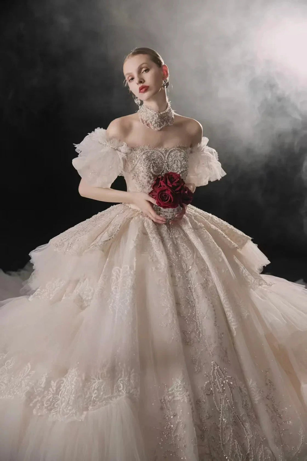 Opulent Off-the-Shoulder Ball Gown Tulle Puff Sleeve Beaded Lace Wedding Dress with Layered Ruffled Train & Choker Q6001