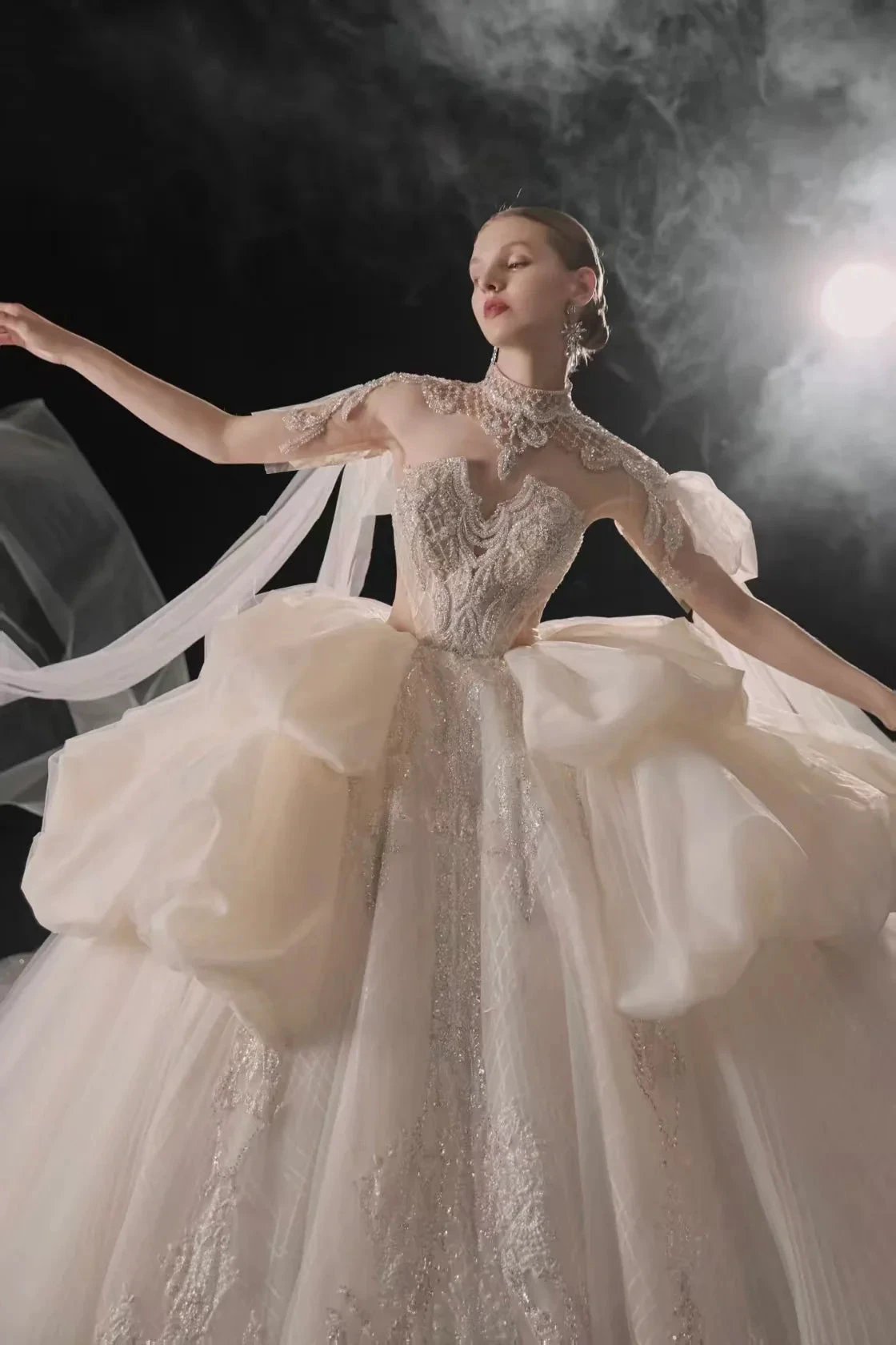 Opulent High-Neck Ball Gown Beaded Mesh Capelet Ruffled Skirt Wedding Dress with Sparkling Train Q6009