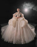 Opulent High-Neck Ball Gown Beaded Mesh Capelet Ruffled Skirt Wedding Dress with Sparkling Train Q6009