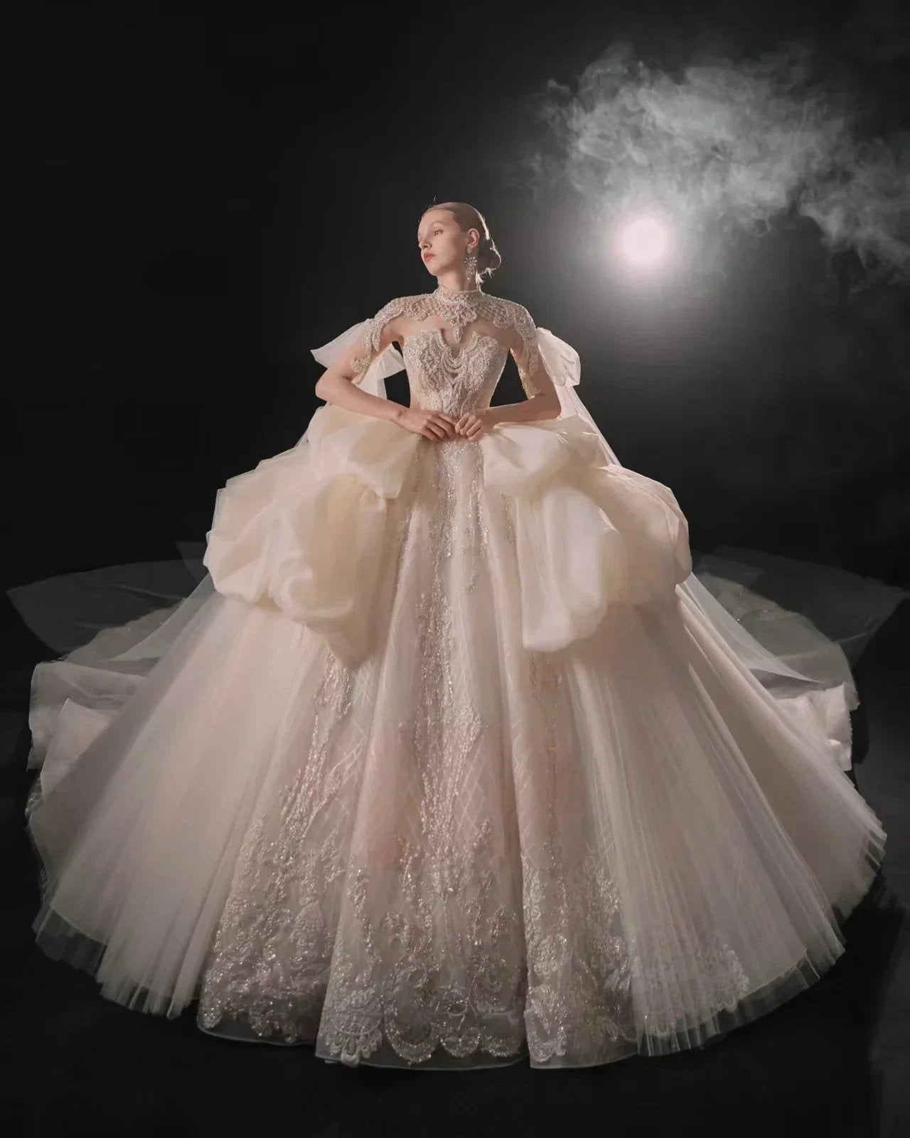 Opulent High-Neck Ball Gown Beaded Mesh Capelet Ruffled Skirt Wedding Dress with Sparkling Train Q6009