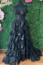 Ceryn | Pink Sequin Appliques Off-the-Shoulder Ruffle Tiered Long Gown