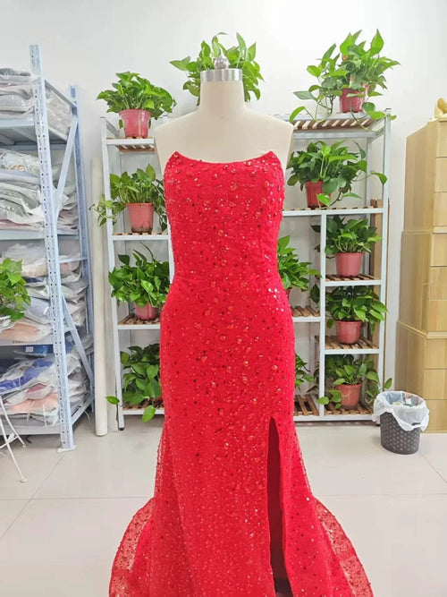 Alcyone | Mermaid Scoop Neck Red Sequins Prom Dresses with Slit F1065