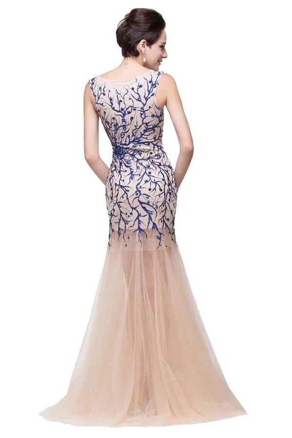 Champagne Crew Sweep-length Mermaid Tulle Prom Dresses