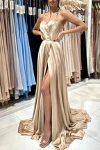 Champagne Simple Long Satin Sleeveless Evening Dresses With Slit