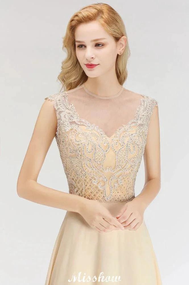 Champagne Sleeveless A-Line Crystal Jewel Bridesmaid Dresses Floor Length Party Dress