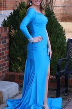 Charee | Blue One-Sleeve Mermaid Long Gown with Slit