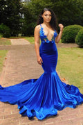 Charming Blue Spaghetti Straps V-neck Transparent lace Column Mermaid Prom Dresses