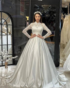 Charming Floor Length Crew Long Sleeves A-Line Satin Wedding Dress with Ruffles
