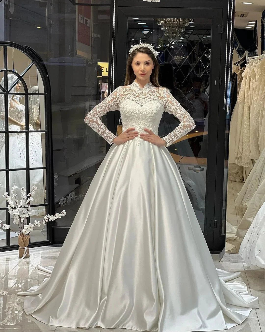Charming Floor Length Crew Long Sleeves A-Line Satin Wedding Dress with Ruffles