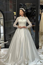 Charming Floor Length Crew Long Sleeves A-Line Satin Wedding Dress with Ruffles