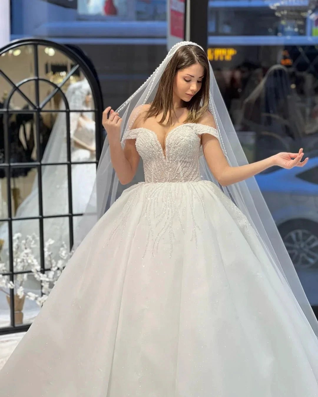 Charming Floor Length Sweetheart Off-The-Shoulder A-Line Lace Wedding Dress with Sequins